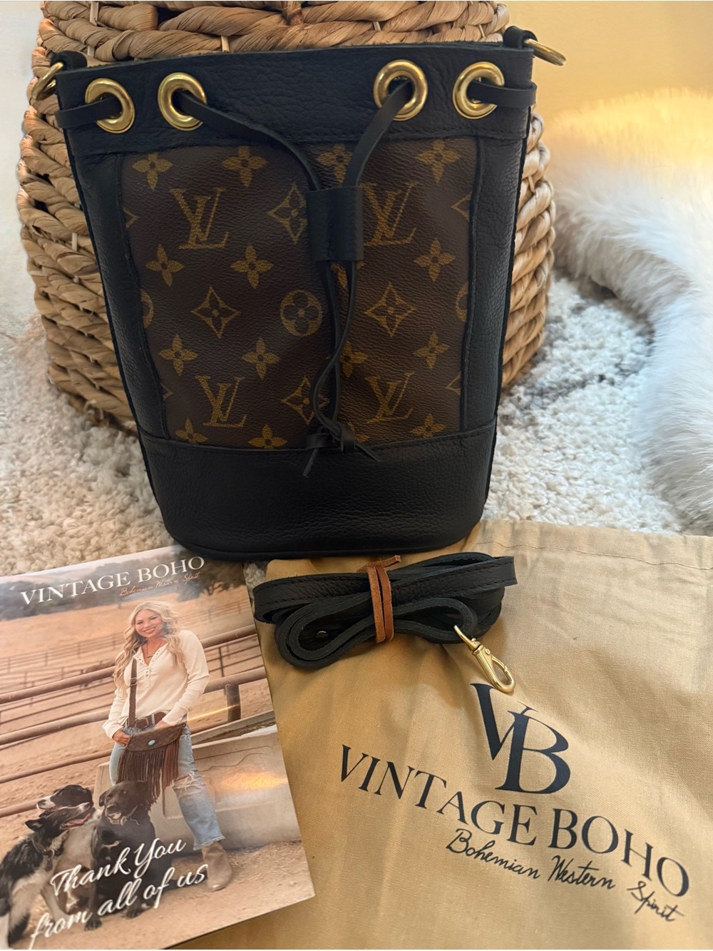 Vintage Boho LV Black & Monogram Canvas Petite Bucket
